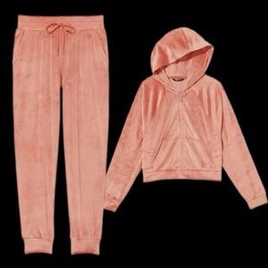 Victoria’s Secret PINK Velour Tracksuit Dusty Rose Zip Hoodie & Jogger Set